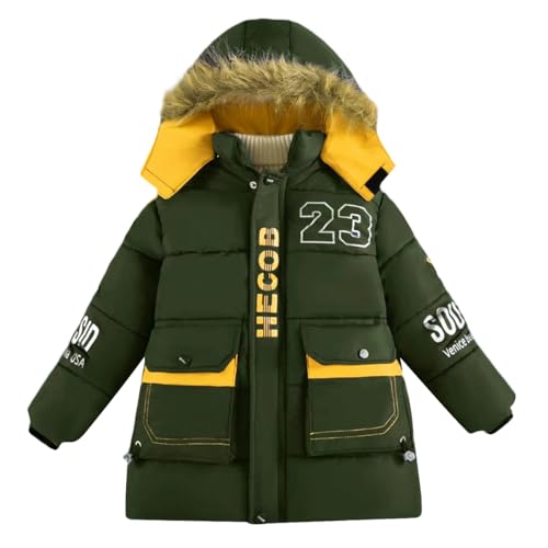 linboo Warme Winterjacke Jungen Parka Fleece Mäntel mit Fellkapuze Kinder Wintermantel Baumwolle Jacke Gefütterte Winddichtes Winterparka, Grün, 146-152(Herstellergröße: 150) von linboo