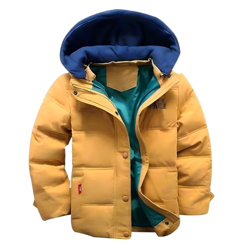 linboo Winterjacke Jungen Daunenjacke mit Abnehmbarer Samt Gestrickt Kapuze Warm Steppjacke Kinder Winter Mantel Dicke Kapuzenjacke, Gelb, 128(Etikettengröße: 130) von linboo