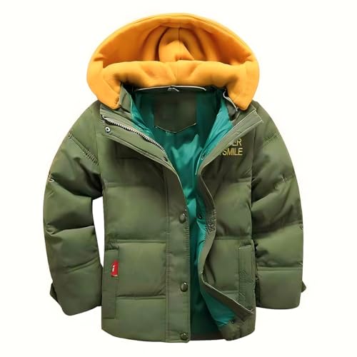 linboo Winterjacke Jungen Daunenjacke mit Abnehmbarer Samt Gestrickt Kapuze Warm Steppjacke Kinder Winter Mantel Dicke Kapuzenjacke, Grün, 116-122(Etikettengröße: 120) von linboo