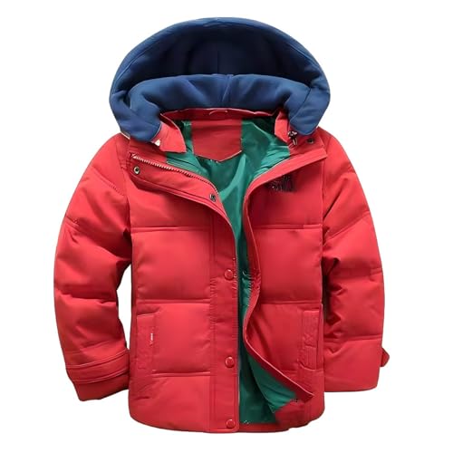 linboo Winterjacke Jungen Daunenjacke mit Abnehmbarer Samt Gestrickt Kapuze Warm Steppjacke Kinder Winter Mantel Dicke Kapuzenjacke, Rot, 116-122(Etikettengröße: 120) von linboo
