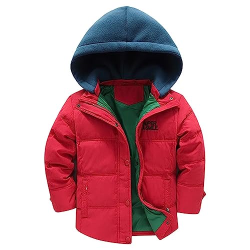 linboo Winterjacke Jungen Daunenjacke mit Abnehmbarer Samt Gestrickt Kapuze Warm Steppjacke Kinder Winter Mantel Dicke Kapuzenjacke, Rot, 134-140 von linboo