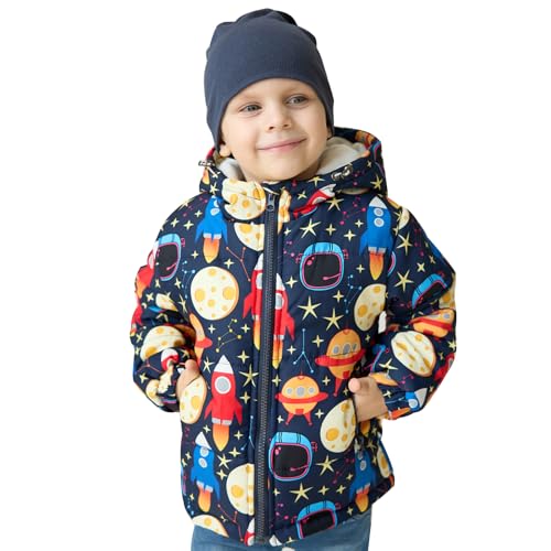 linboo Winterjacke Jungen Kinder Bedruckte Jacke Warm Wintermantel Verdickte Fleece Mäntel Baumwolle Gepolstert Jacke Klassische Winddichte Parka Outdoor Kapuzenjacke, Kosmische Rakete, 122-128 von linboo