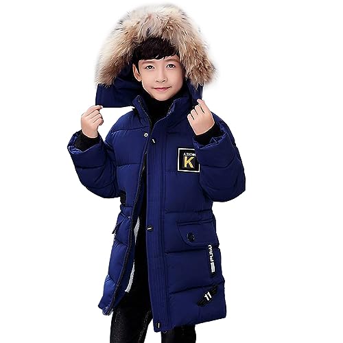 linboo Winterjacke Jungen Kinder Jacke mit Abnehmbare Fellkapuze Dicke Steppjacke Gefüttert Warme Parka Outdoor Winddicht Wintermantel, Blau, 116-122(Etikettengröße: 120) von linboo