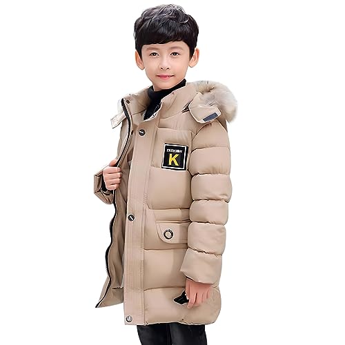 linboo Winterjacke Jungen Kinder Jacke mit Abnehmbare Fellkapuze Dicke Steppjacke Gefüttert Warme Parka Outdoor Winddicht Wintermantel, Kaki, 152-158(Etikettengröße: 160) von linboo