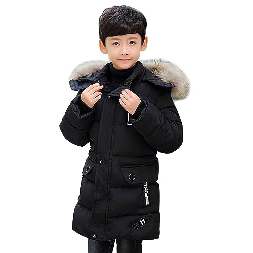linboo Winterjacke Jungen Kinder Jacke mit Abnehmbare Fellkapuze Dicke Steppjacke Gefüttert Warme Parka Outdoor Winddicht Wintermantel, Schwarz, 128(Etikettengröße: 130) von linboo