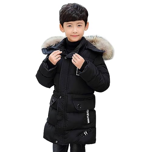 linboo Winterjacke Jungen Kinder Jacke mit Abnehmbare Fellkapuze Dicke Steppjacke Gefüttert Warme Parka Outdoor Winddicht Wintermantel, Schwarz, 134-140 von linboo