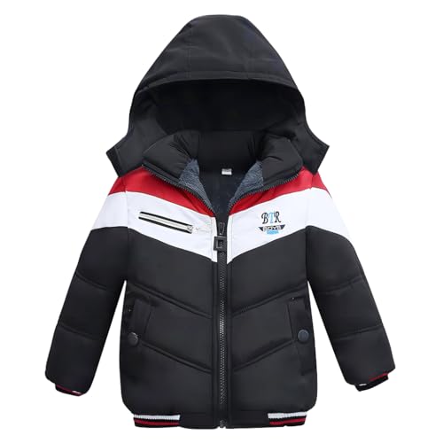 linboo Winterjacke Jungen Kinder Parka Jacke Gefüttert Winter Mantel mit Abnehmbarer Kapuze Dicke Steppjacke Baby Warme Outdoorjacke, Schwarz, 92-98 von linboo