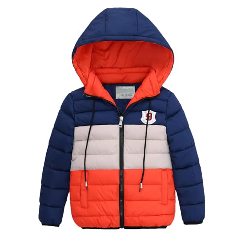 linboo Winterjacke Jungen Kinder Steppjacke Warm Winter Mantel Kurz Jacke mit Abnehmbare Kapuze Baby Parka Baumwolljacke, Orange, 134-140 von linboo