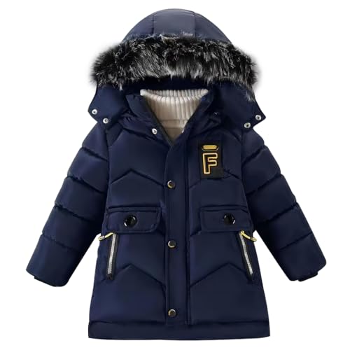 linboo Winterjacke Jungen Kinder Wintermantel Gefüttert Parka Jacke mit Abnehmbarer Fellkapuze Warme Steppjacke Verdickte Outdoorjacke, Blau, 98 von linboo