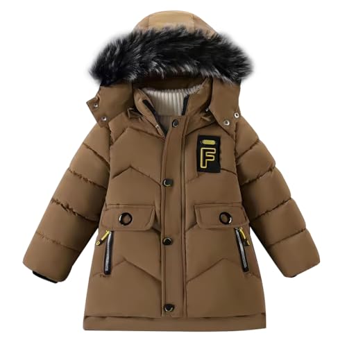 linboo Winterjacke Jungen Kinder Wintermantel Gefüttert Parka Jacke mit Abnehmbarer Fellkapuze Warme Steppjacke Verdickte Outdoorjacke, Kaki, 116-122 von linboo