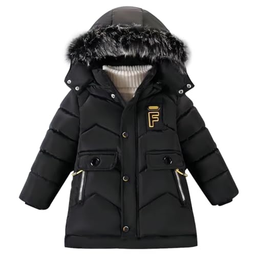 linboo Winterjacke Jungen Kinder Wintermantel Gefüttert Parka Jacke mit Abnehmbarer Fellkapuze Warme Steppjacke Verdickte Outdoorjacke, Schwarz, 116-122 von linboo
