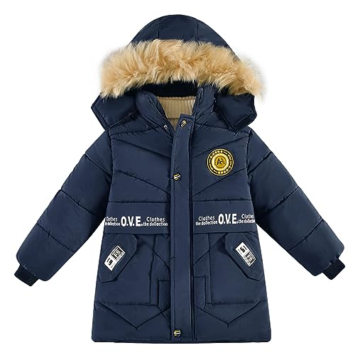 linboo Winterjacke Jungen Kinder Wintermantel mit Abnehmbarer Kapuze Gefütterte Jacke Verdickte Kinderjacke Winddichte Warme Steppjacke, Blau, 104-110 von linboo