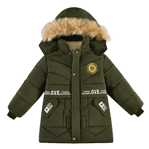 linboo Winterjacke Jungen Kinder Wintermantel mit Abnehmbarer Kapuze Gefütterte Jacke Verdickte Kinderjacke Winddichte Warme Steppjacke, Grün, 104-110 von linboo