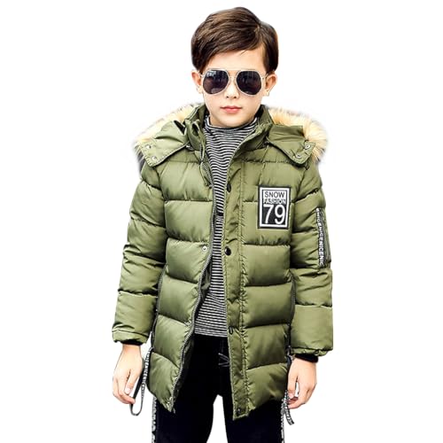 linboo Winterjacke Jungen Kinder Wintermantel mit Pelzkragen Kapuze Lange Jacke Parka Warm Mäntel Winddicht Winterparka, Grün, 158-164 von linboo