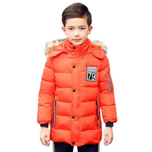 linboo Winterjacke Jungen Kinder Wintermantel mit Pelzkragen Kapuze Lange Jacke Parka Warm Mäntel Winddicht Winterparka, Orange, 134-140 von linboo