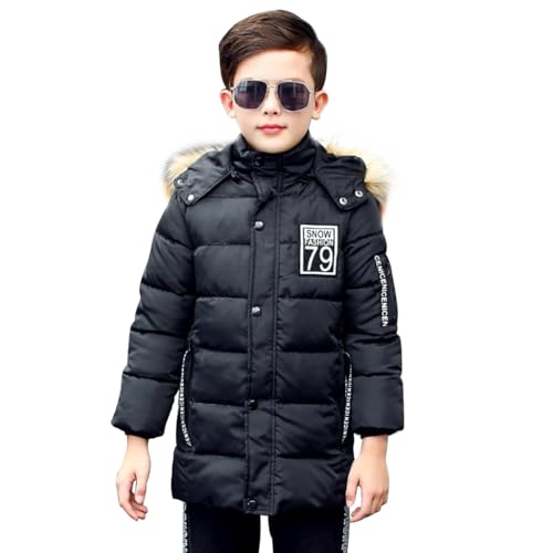 linboo Winterjacke Jungen Kinder Wintermantel mit Pelzkragen Kapuze Lange Jacke Parka Warm Mäntel Winddicht Winterparka, Schwarz, 146-152 von linboo