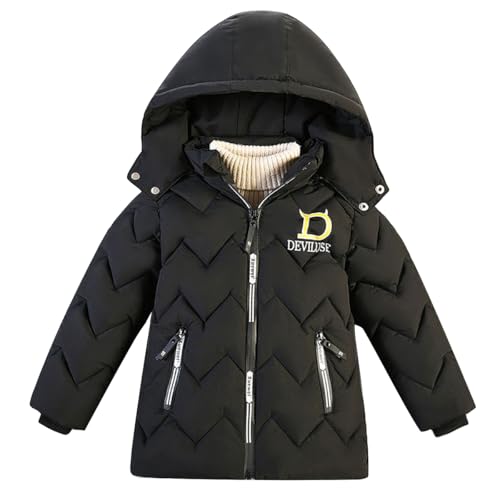linboo Winterjacke Jungen Winterparka Gefüttert Warme Parka Jacke Outdoor Winddicht Steppjacke mit abnehmbarer Kapuze, Schwarz, 128(Herstellergröße: 130) von linboo
