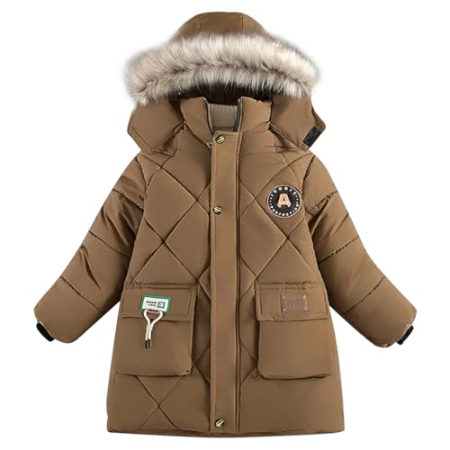 linboo Winterjacke Kinder Jungen Parka Jacke Gefüttert Wintermantel mit Fellkapuze Warm Mäntel Dicke Steppjacke Winddicht Winterparka, Braun, 146-152(Herstellergröße: 150) von linboo