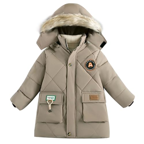linboo Winterjacke Kinder Jungen Parka Jacke Gefüttert Wintermantel mit Fellkapuze Warm Mäntel Dicke Steppjacke Winddicht Winterparka, Khaki, 104-110(Herstellergröße: 110) von linboo