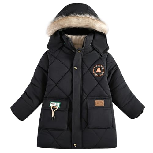 linboo Winterjacke Kinder Jungen Parka Jacke Gefüttert Wintermantel mit Fellkapuze Warm Mäntel Dicke Steppjacke Winddicht Winterparka, Schwarz, 128(Herstellergröße: 130) von linboo