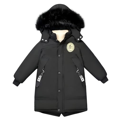 linboo Winterjacke Kinder Jungen Parka Jacke Warm Lang Mantel mit Pelzkragen Kapuze Modisch Wintermantel Dicke Outdoor Kapuzenjacke, Schwarz, 152-158 von linboo