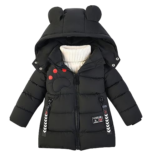 linboo Winterjacke Kinder Jungen Warm Steppjacke Dicke Mantel Baby Wintermäntel mit Kapuze Ohren Winter Kinderjacke Kapuzenjacke 2-7 Jahre, Schwarz, 116-122(Label: XXL) von linboo