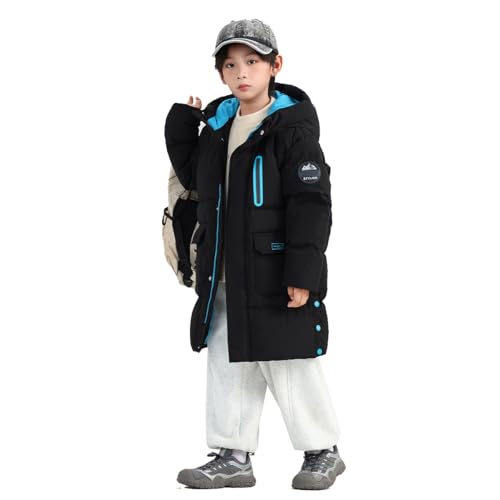 linboo Winterjacke Kinder Jungen Wintermantel mit Kapuze Warm Steppmantel Lang Parka Jacke Winter Mantel, Schwarz, 152-158(Herstellergröße: 160) von linboo