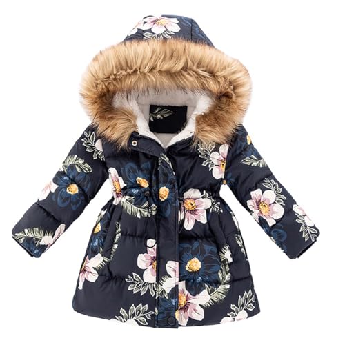 linboo Winterjacke Kinder Mädchen Wintermantel mit Fellkapuze Verdickete Warme Parke Mantel Winter Gefüttert Jacke, Blau, 104-110(Herstellergröße: 110) von linboo