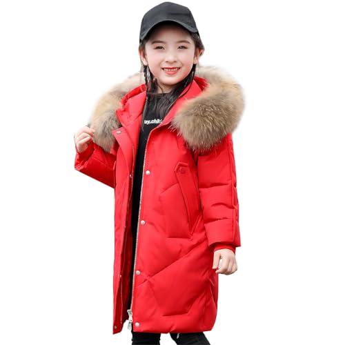 linboo Winterjacke Mädchen Kinder Wintermantel Warm Mäntel Dicke Steppjacke Parka Jacke mit Abnehmbare Fellkapuze, Rot, 146-152 von linboo