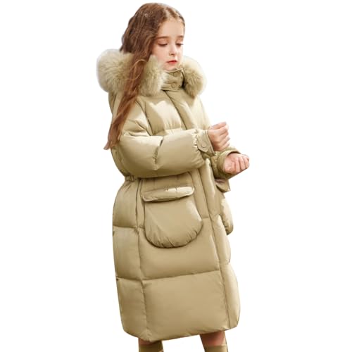 linboo Winterjacke Mädchen Mittlere Länge Wintermantel mit Fellkapuze Steppjacke Winddicht Daunenjacke mit Gürtel Parka Jacke Kinder Winter Mantel Outdoorjacke, Khaki, 146-152(Herstellersgröße: 150) von linboo