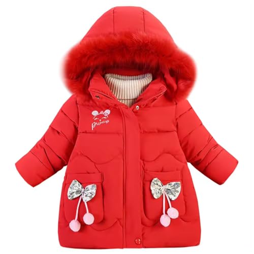 linboo Winterjacke Mädchen Schön Dick Mäntel Warme Jacken mit Fellkapuze Parka Baby Wintermäntel mit Süßen Schleifen & Gedruckt Princess, Rot, 116-122 von linboo