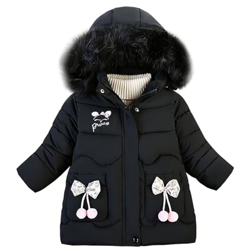 linboo Winterjacke Mädchen Schön Dick Mäntel Warme Jacken mit Fellkapuze Parka Baby Wintermäntel mit Süßen Schleifen & Gedruckt Princess, Schwarz, 104-110 von linboo