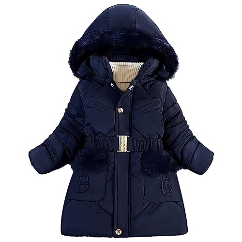 linboo Winterjacke Mädchen Warm Gefüttert Wintermantel mit Fellkapuze Kinder Jacke Winter Mantel Parka mit Plüschtasche und B G Brief, Marineblau, 110-116 von linboo