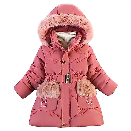 linboo Winterjacke Mädchen Warm Gefüttert Wintermantel mit Fellkapuze Kinder Jacke Winter Mantel Parka mit Plüschtasche und B G Brief, Rosenrot, 110-116 von linboo