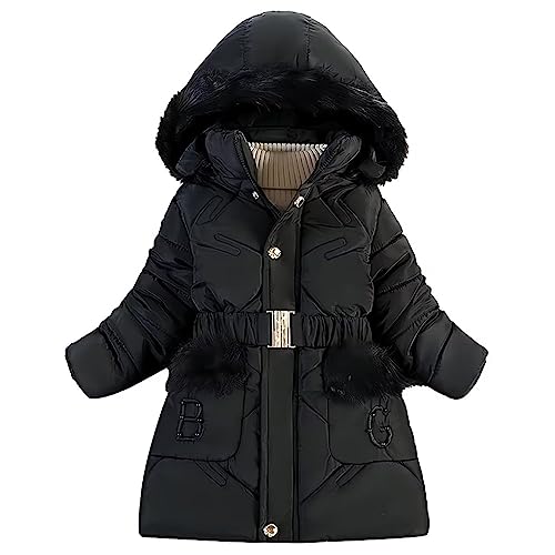 linboo Winterjacke Mädchen Warm Gefüttert Wintermantel mit Fellkapuze Kinder Jacke Winter Mantel Parka mit Plüschtasche und B G Brief, Schwarz, 122-128 von linboo