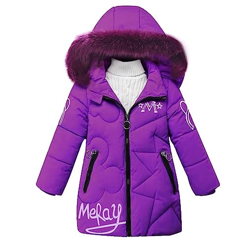 linboo Winterjacke Mädchen Wintermantel mit Abnehmbarer Fellkapuze Warme Lang Mantel Kinder Parka Outdoor Jacke mit Buchstaben und niedliche Muster, Lila, 140-146(Etikettengröße: 150) von linboo