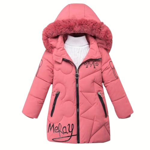 linboo Winterjacke Mädchen Wintermantel mit Abnehmbarer Fellkapuze Warme Lang Mantel Kinder Parka Outdoor Jacke mit Buchstaben und niedliche Muster, Rosa, 104-110 (Label: M) von linboo