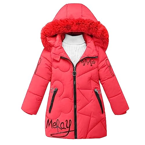 linboo Winterjacke Mädchen Wintermantel mit Abnehmbarer Fellkapuze Warme Lang Mantel Kinder Parka Outdoor Jacke mit Buchstaben und niedliche Muster, Rot, 104-110(Etikettengröße: 110) von linboo