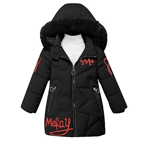 linboo Winterjacke Mädchen Wintermantel mit Abnehmbarer Fellkapuze Warme Lang Mantel Kinder Parka Outdoor Jacke mit Buchstaben und niedliche Muster, Schwarz, 128(Etikettengröße: 130) von linboo