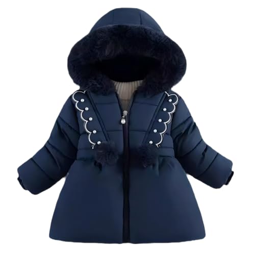 linboo Winterjacke Mädchen Wintermantel mit Fellkapuze Gefüttert Warme Parka Jacke für Baby Kinder Mäntel mit Spitze und Wollkugeln, Marineblau, 76-80(Herstellergröße: 80) von linboo