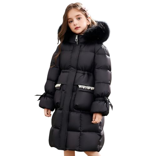 linboo Winterjacke Mädchen Wintermantel mit Fellkapuze Warme Mäntel Dicke Steppjacke Winddicht Wasserdicht Winter Lang Gefüttert Parka Jacke, Schwarz, 158-164(Herstellergröße: 160) von linboo