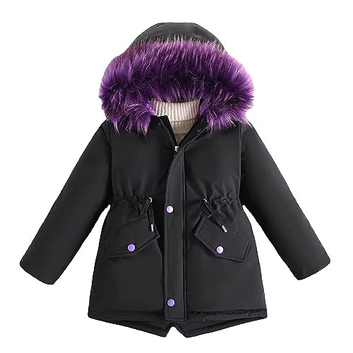 linboo Winterjacke Mädchen Winterparka Gefüttert Warme Jacke Kinder Wintermantel Outdoor Winddich Parka mit Fellkapuze, Schwarz, 158 von linboo
