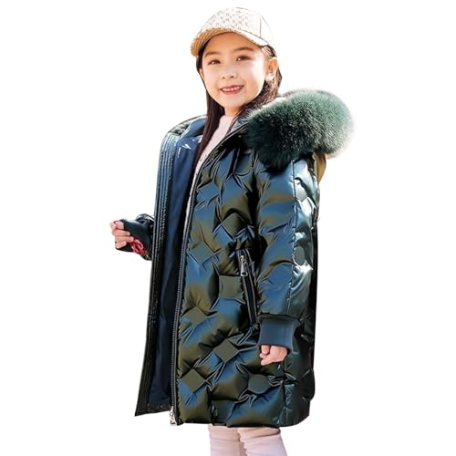 linboo Winterjacke Mädchen Winterparka Gefüttert Warme Parka Jacke mit Fellkapuze Outdoor Winddicht Gesteppte Mäntel Outdoor Kinder Wintermantel, Grün, 146-152(Herstellergröße: 150) von linboo