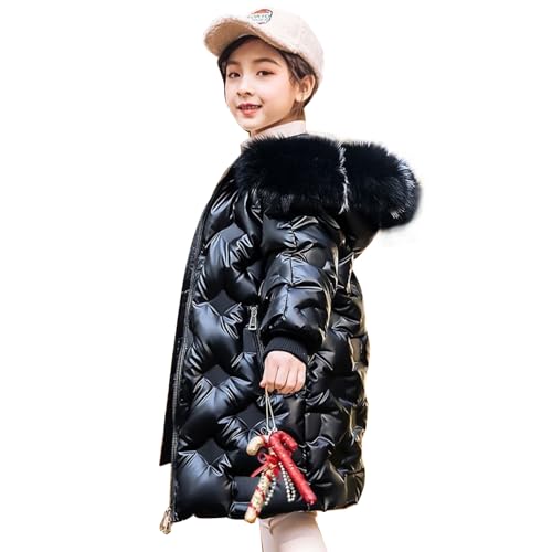 linboo Winterjacke Mädchen Winterparka Gefüttert Warme Parka Jacke mit Fellkapuze Outdoor Winddicht Gesteppte Mäntel Outdoor Kinder Wintermantel, Schwarz, 134-140(Herstellergröße: 140) von linboo
