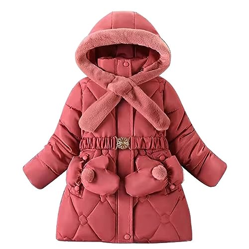 linboo Winterjacke Mädchen Winterparka Gefüttert Warme Wintermantel Kinder Jacke Outdoor Winddicht Parka Winter mit Kapuze, Hals, Gürtel, Handschuhe, Rosa rot, 122-128 von linboo