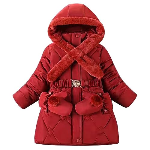 linboo Winterjacke Mädchen Winterparka Gefüttert Warme Wintermantel Kinder Jacke Outdoor Winddicht Parka Winter mit Kapuze, Hals, Gürtel, Handschuhe, Rot, 104-110 von linboo