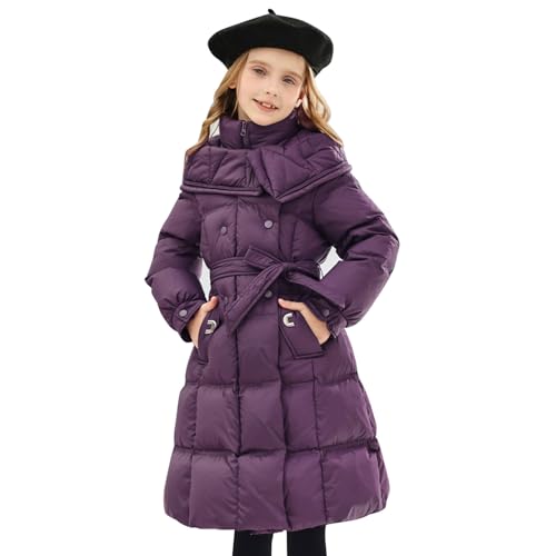 linboo Winterjacke Mädchen Winterparka Outdoor Kinder Wintermantel Warme Lang Parka Jacke mit Kapuze Gürtel Baumwolle Jacke Gefütterte, Lila, 134-140(Herstellergröße: 140) von linboo
