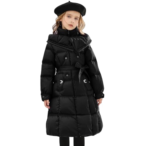 linboo Winterjacke Mädchen Winterparka Outdoor Kinder Wintermantel Warme Lang Parka Jacke mit Kapuze Gürtel Baumwolle Jacke Gefütterte, Schwarz, 146-152(Herstellergröße: 150) von linboo