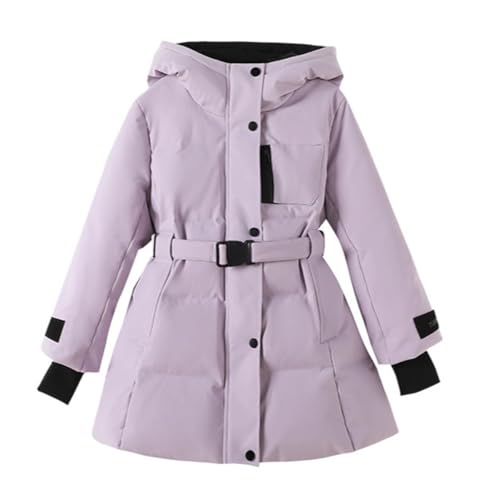linboo Wintermantel Kinder Winterjacke Mädchen Parka mit Kapuze Mittellange Windschutz Steppjacke mit Gürtel, Lila, 122-128(Herstellergröße: 130) von linboo