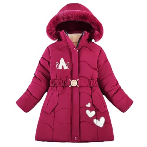 linboo Wintermantel Mädchen Winterjacke Kinder Parka Jacke mit Fellkapuze Dicke Warm Winterparka Steppjacke Outdoor Winddicht Mäntel, Rosenrot, 116-122(Herstellergröße: 120) von linboo
